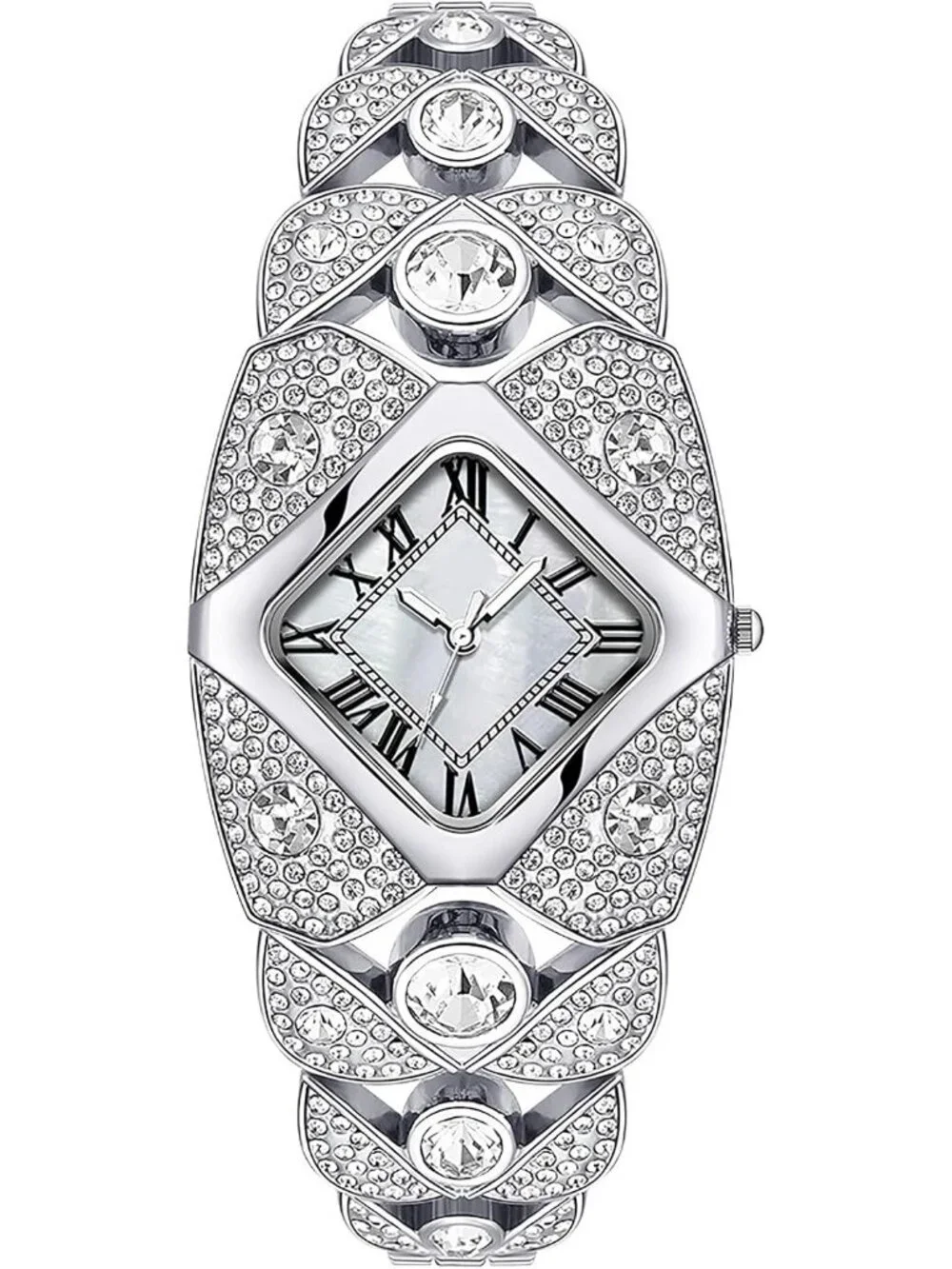 Women's Silver White Rhinestone Bracelet Roman Numerals Dial Stylish Wrist Watch